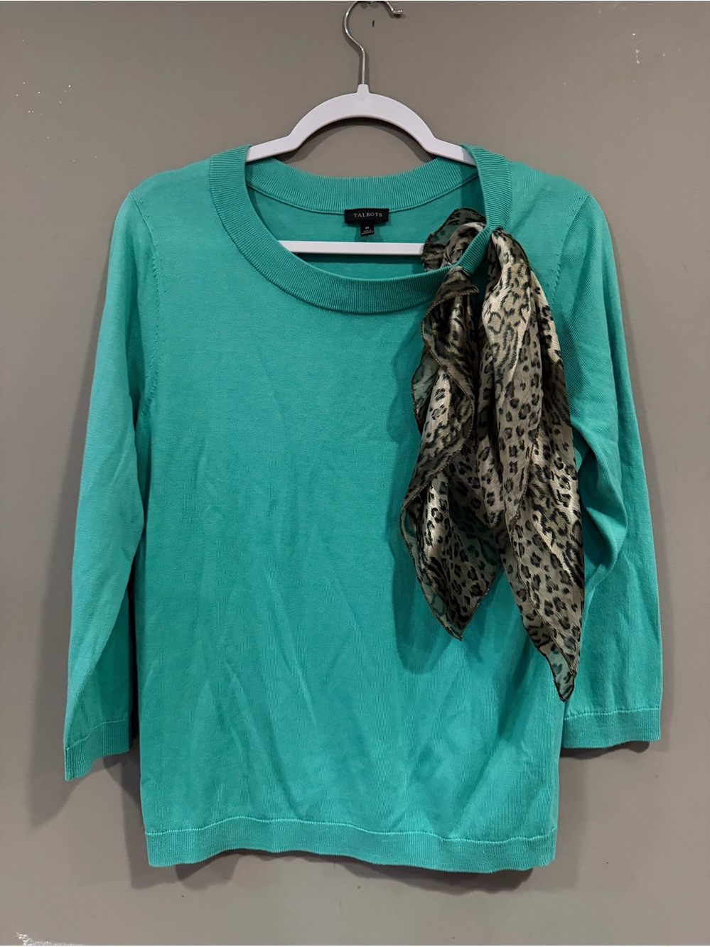 Talbots Teal Long-Sleeve Knit Top with Leopard-Print Silk Scarf Accent